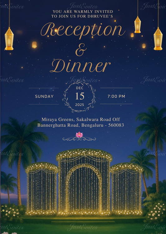A royal reception digital invite featuring a deep dark blue night sky with a grand stage and warm fairy lights.
