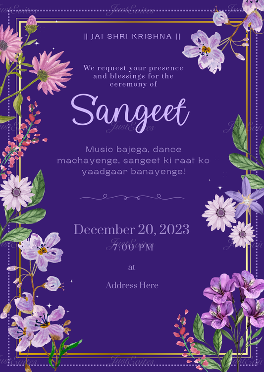 Elegant sangeet digital invite featuring exotic lilies and lilac flowers on a rich dark purple background