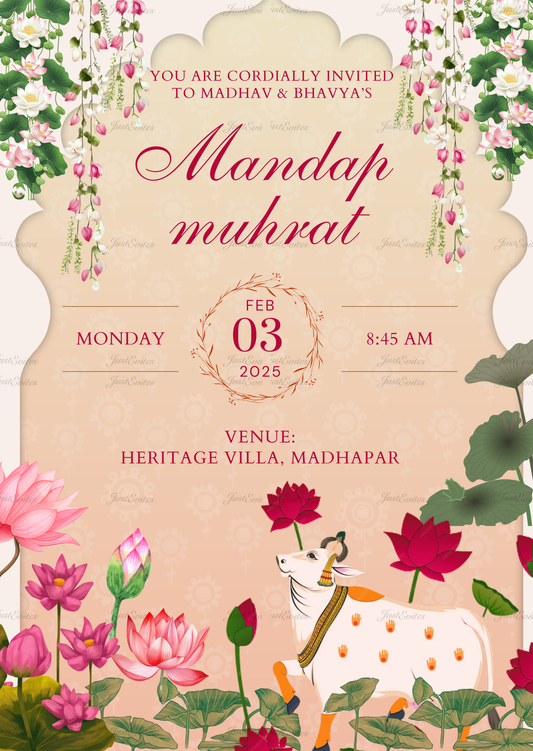 An elegant pinkish-beige wedding invite featuring traditional Pichwai style elephants and lotus flowers.