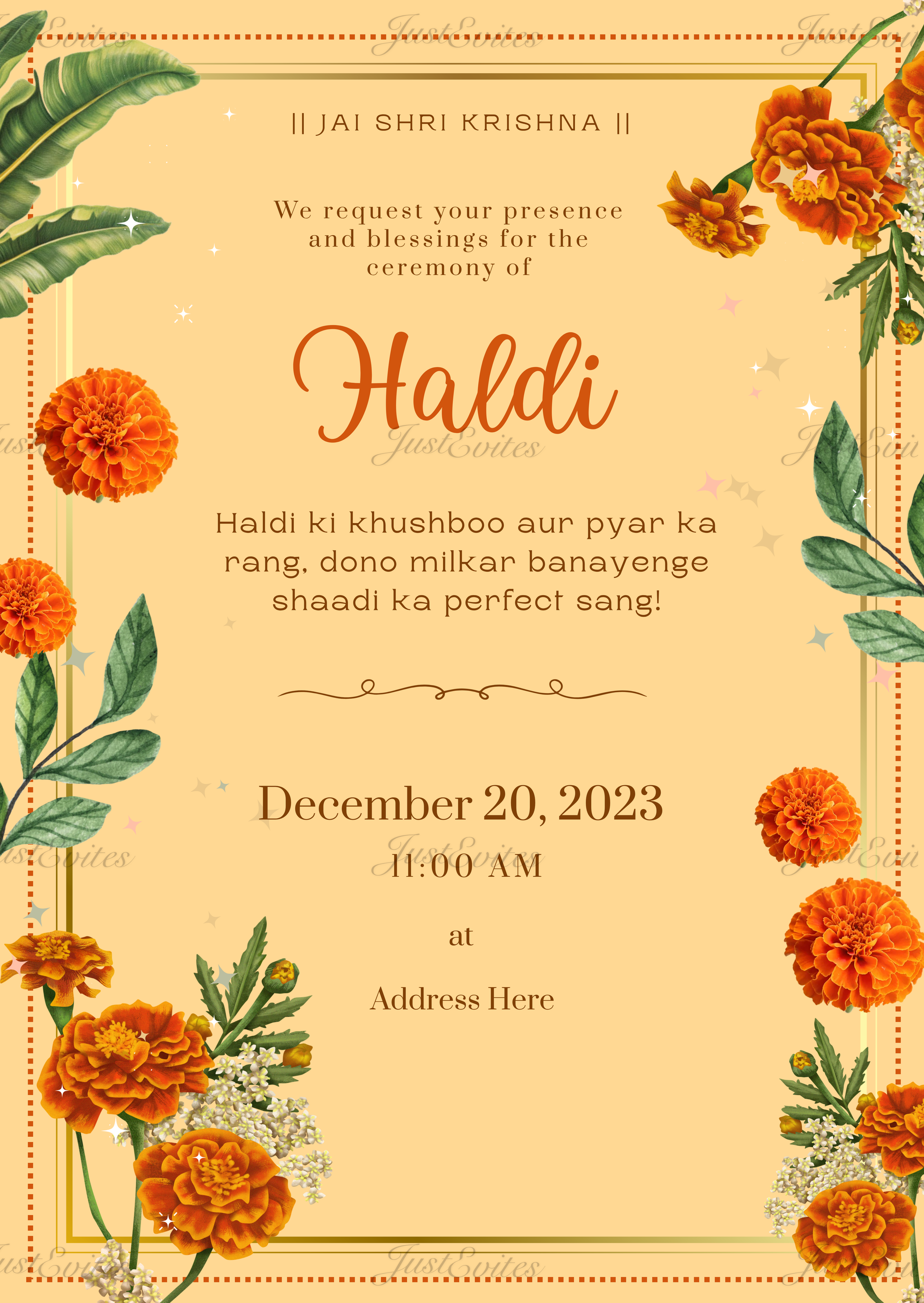 Elegant Haldi invitation featuring vibrant yellow marigold flowers and pastel floral accents