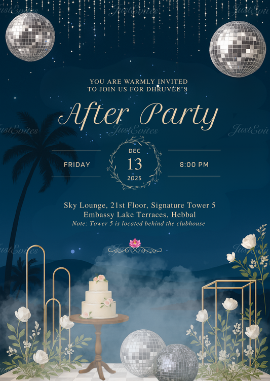 A premium digital cocktail invitation featuring a glowing disco ball above a stage with mist against a dark navy blue night sky background.