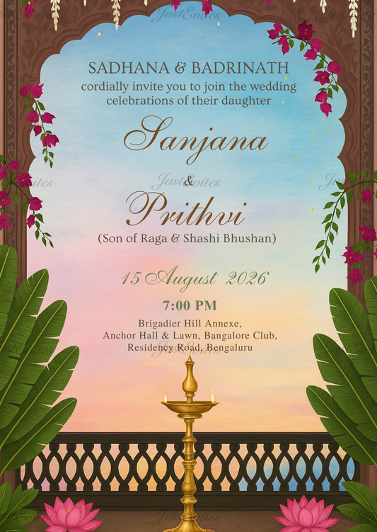 A traditional South Indian wedding digital invite featuring glowing brass diyas and lush green banana leaves on a textured background.