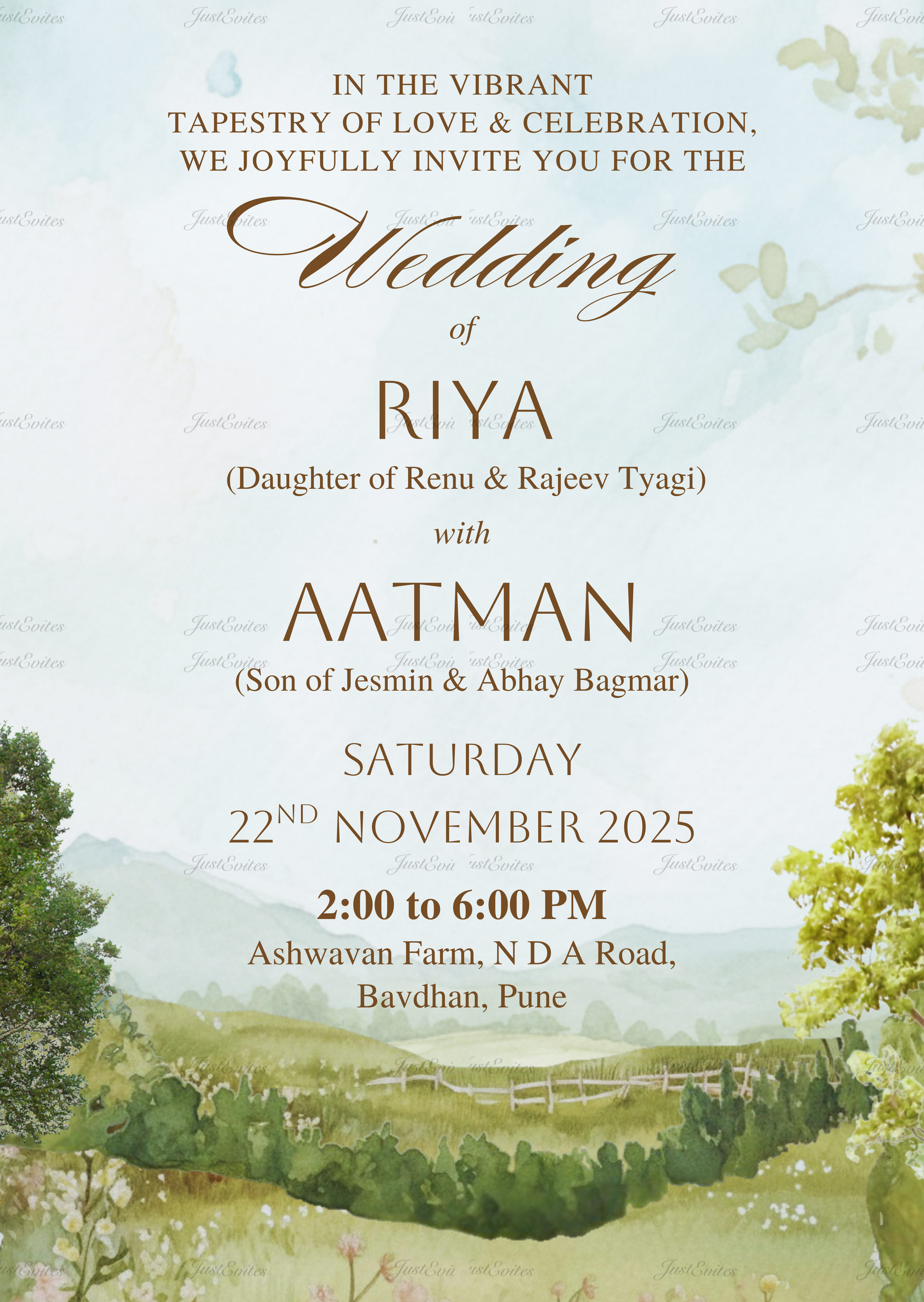 A beautiful watercolor wedding invite featuring a dreamy farmland valley in soft pastel tones with minimalist typography.