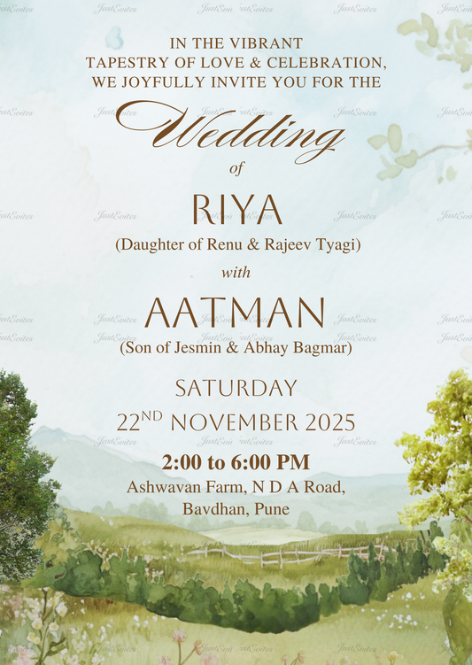 A beautiful watercolor wedding invite featuring a dreamy farmland valley in soft pastel tones with minimalist typography.