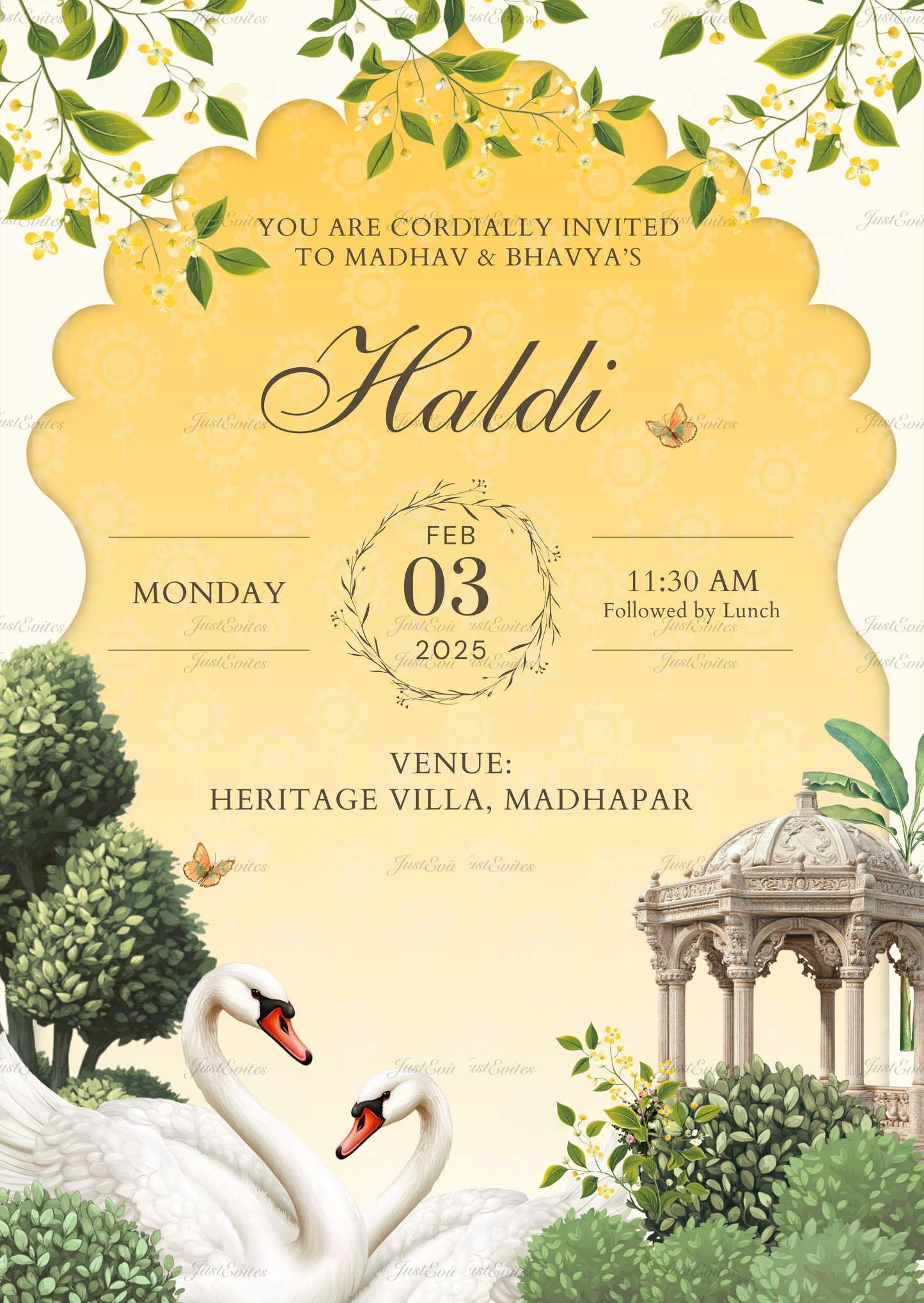 A beautiful 2D Pichwai style digital Haldi invite featuring a white swan on a bright yellow background