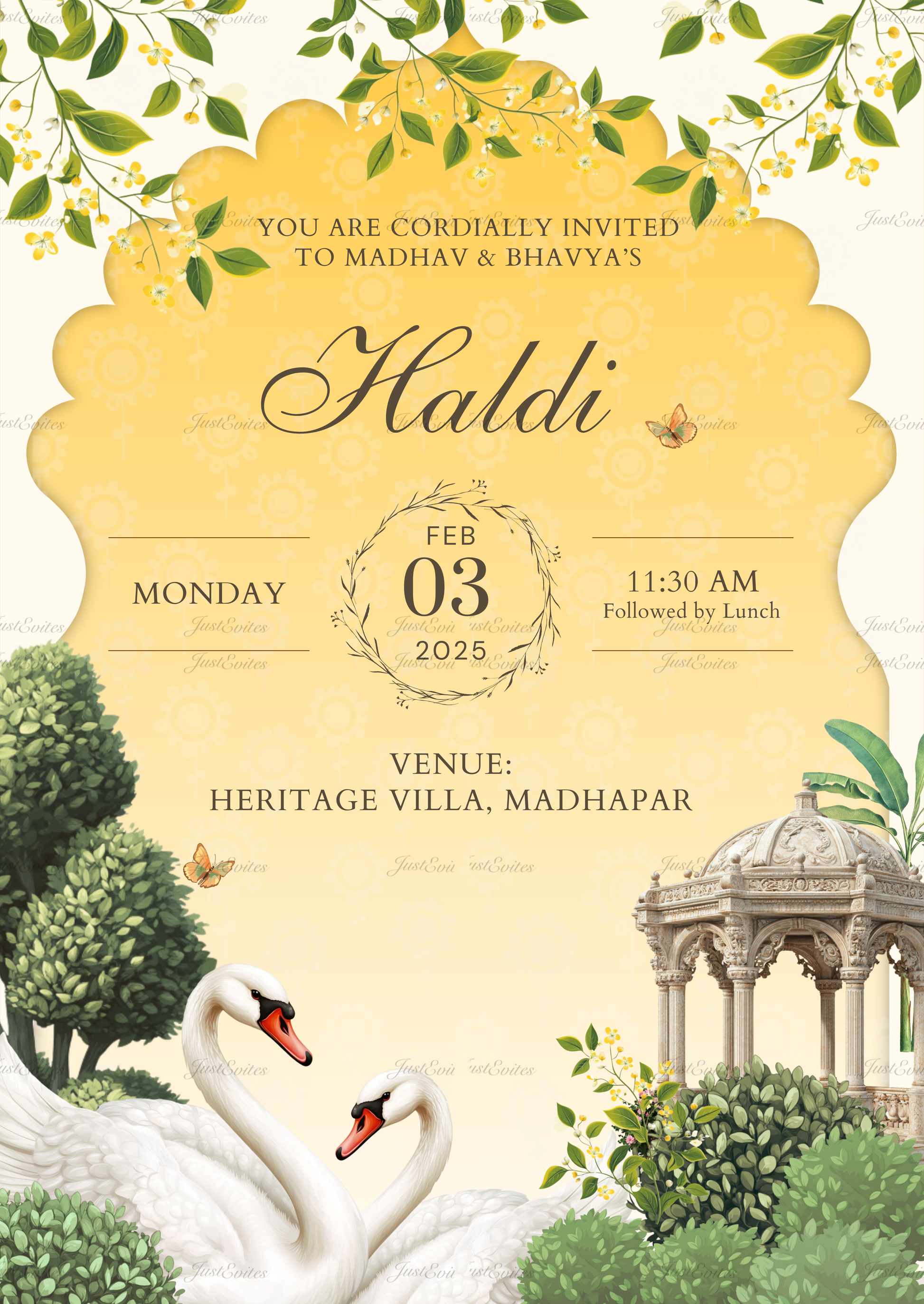 A beautiful 2D Pichwai style digital Haldi invite featuring a white swan on a bright yellow background