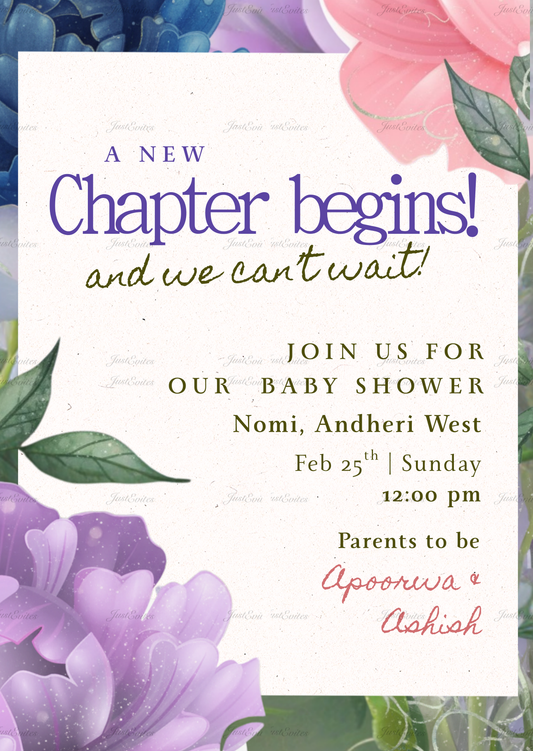 Elegant baby shower invitation featuring exotic floral illustrations on a modern paper scroll design with soft pastel colors.